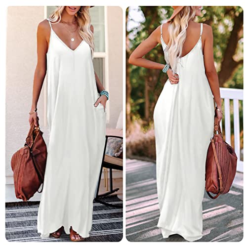 Clocor Women's Summer Casual Spaghetti Strap Deep V Neck Oversized With Pockets Women Summer Maxi Dress White Beach Vacation Travel Dresses X-L #TOP4
