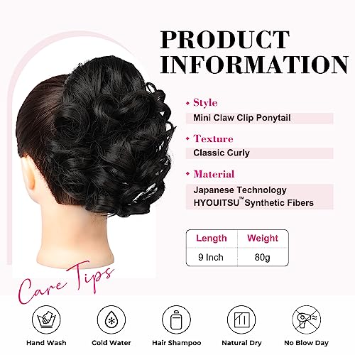 REECHO Ponytail Extension, 9" Short Curly Wavy Claw Clip Pony tails Hair Extensions HP001 Hairpieces for Women - Black - Image 2
