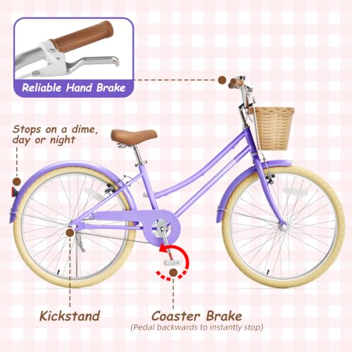 Image of Glaf 12 14 16 18 20 24 Inch Girls Bike with Training Wheels /Kickstand Kids Bike for 2-15 Years Old Toddler Girls Bicycle with Basket, Beach Cruiser Girls Bike