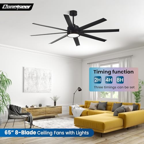 Image of Modern Ceiling Fans with Lights, 65 Inch Ceiling Fan with Light and Remote for Bedroom Living Room Kitchen Office, Indoor /Outdoor Use, 24W 6CCT 8 Blades 6 Speed Reversible Quiet DC Motor, Black