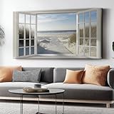 Genérico Cuadro sobre Lienzo 100 x 70 cm, Sencillo Vista Al Mar Ventanas Impresión en material tejido no tejido cuadros, Dormitorio Cocina Cuadros Pared Azul Blanco Wall Art Prints, Sin marco