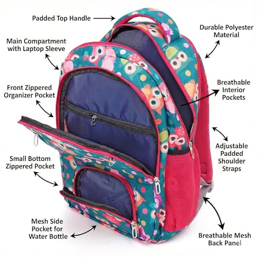 Image of SBCOLLECTION Girls' School Backpack, Owl Print, 32L, with Pencil Pouch, Padded Shoulder Straps, Water Bottle Pocket