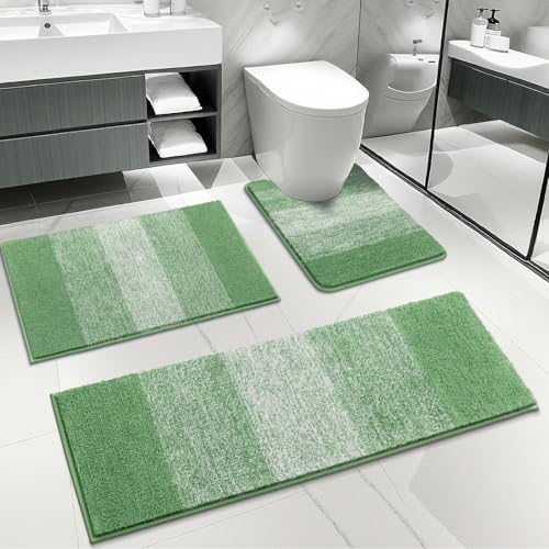 Enyhom Badezimmerteppich Set 3 Teilig Weich Dicker Mikrofaser Badematte und WC Toiletten Teppich Grün Badteppich rutschfest Waschbar Super Saugfähig Schnelltrocknend Badgarnitur 3 Teilig Stand WC