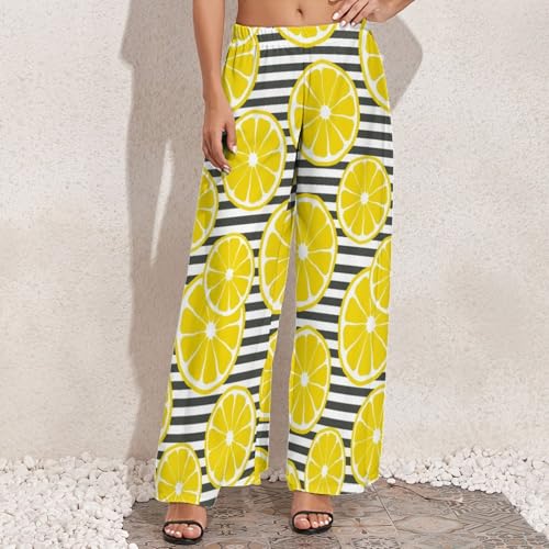 VOSERY Palazzo Pants for Women - Yellow Lemon Print Comfy Casual Womens Wide Leg Pants Baggy Lounge Pants3