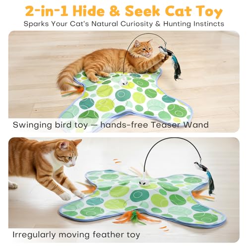 PETSWEET Interactive Cat Toys with Bird, Hide and Seek Cat Toy, 2 in 1 Automatic Moving Concealed Feathers for Indoor Cats, Non-Slip Suction, Touch Activated, USB Rechargeable, Green — view 2