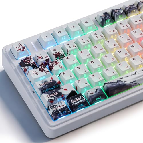 PBT Keycaps, 133 Keys Double Shot Landscape Plum Blossom Keycaps Dye-Sub Cherry Profile Side Printed Shine Through Keycap for Cherry MX Switch Mechanical Keyboards