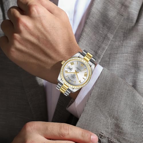 Image of NIBOSI Watches for Men Analog Quartz Diamond Bezel Stainless Steel Dial Rose Gold Silver Mens Watch Waterproof Business Classic Dress Wrist Watch with Day Date