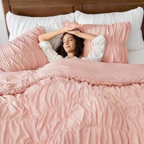 Image of Andency Ruched Blush Pink Full Size Comforter Sets, Shabby Chic Pleatd Bedding Sets 3 Pieces, Lightweight Soft Boho Ruffle Bed Set for Girls, Kids, Women, All Season