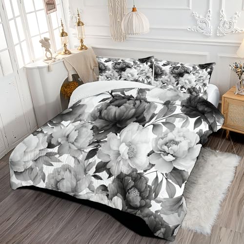 DLERFLOVR Edredón Relleno Nórdico Cama 90 Nórdico 4 Estaciones Estampado Peonía Densa Edredón Pintura De Acuarela Floral En Blanco Y Negro Suave y Ligero con Fundas 135x200cm, Gris