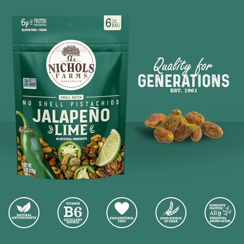Image of Nichols Farms Pistachios - Fresh Roasted No Shell Pistachio - Nutrient Rich Nuts Snack Packs - Non-GMO, California Grown - Healthy, Wonderful Tasting, Party Snack - (Jalapeno Lime)