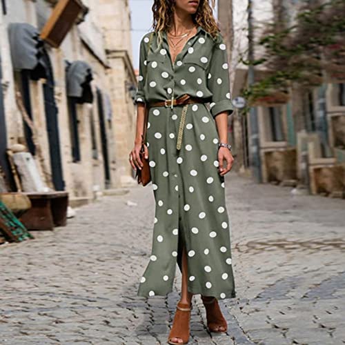 Robe longue d'été imprimée à pois style chemise fluide boutonnée
