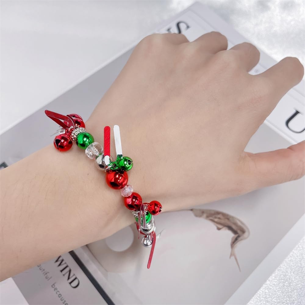 NewZenro Christmas Bracelets Green Red Color Jingle Bell Crutch Beaded Silver Plated Ball Charm Stretch Belastic Bracelet for Women Xmas Holiday Party Gift Daughter Fashion Jewelry 6.7" - Image 5