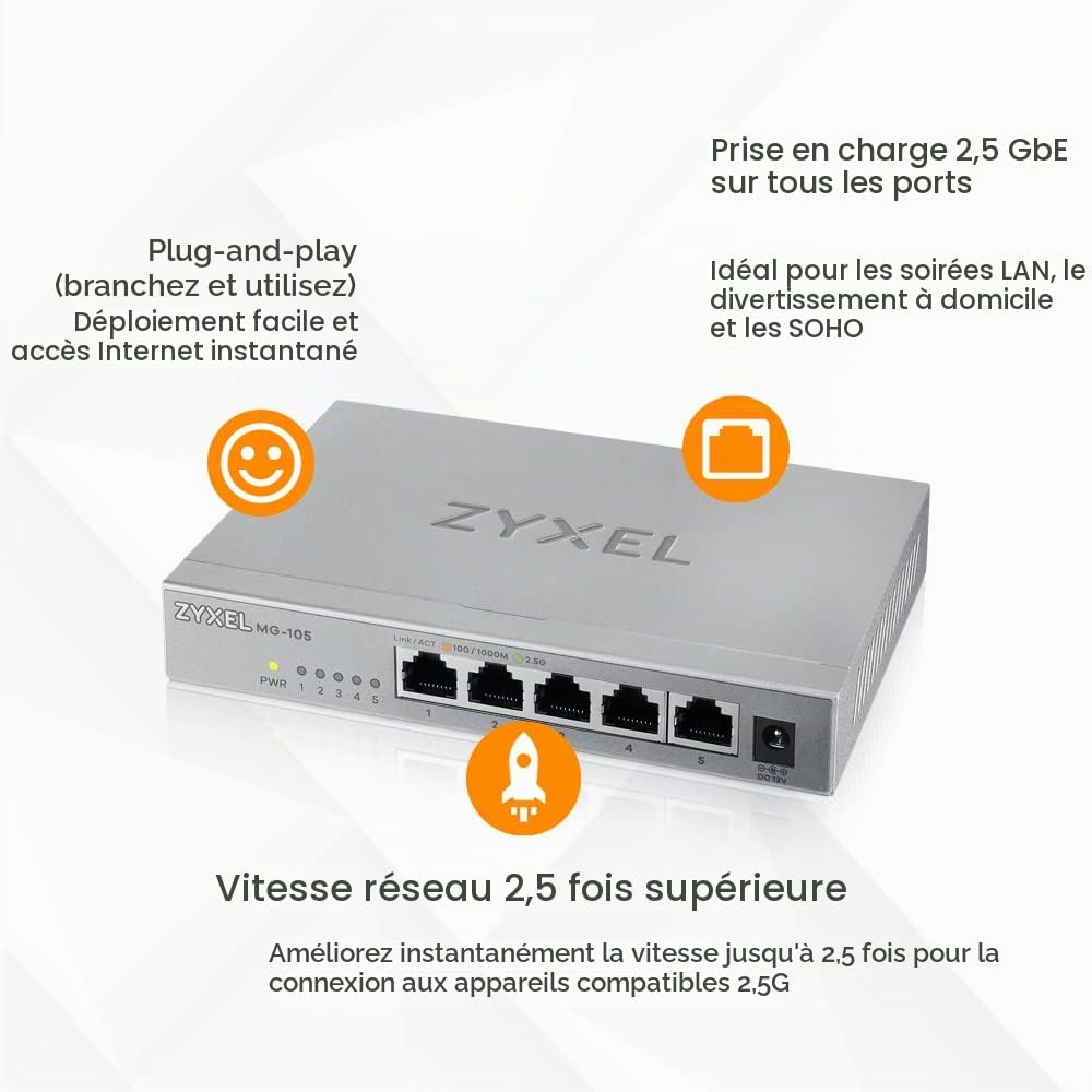 Zyxel Commutateur Non-administrable Multi-Gigabit 5 Ports 2.5G pour Le Divertissement à Domicile ou Le réseau Soho [MG-105]