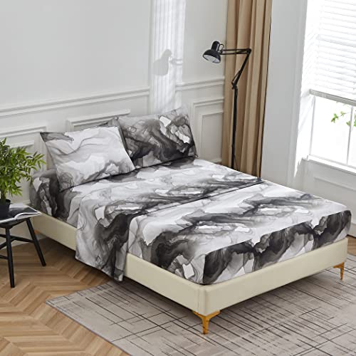 Lamejor Bed Sheet Set Queen Size Gray Abstract Marble Pattern Deep Pockets Easy Fit Hotel Luxury 4 Piece - 1 Flat Sheet, 1 Fitted Sheet, 2 Pillowcases #TOP1
