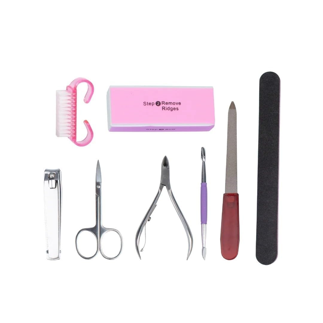 FOLELLO Manicure Pedicure Kit for Women and Men – 8-in-1 Tool Kit (Nail Brush, Nail Cutter, Grooming Scissor, Nail Nipper, Cuticle Pusher, Nail Filer, Nail Buffer, Nail Scrubber)