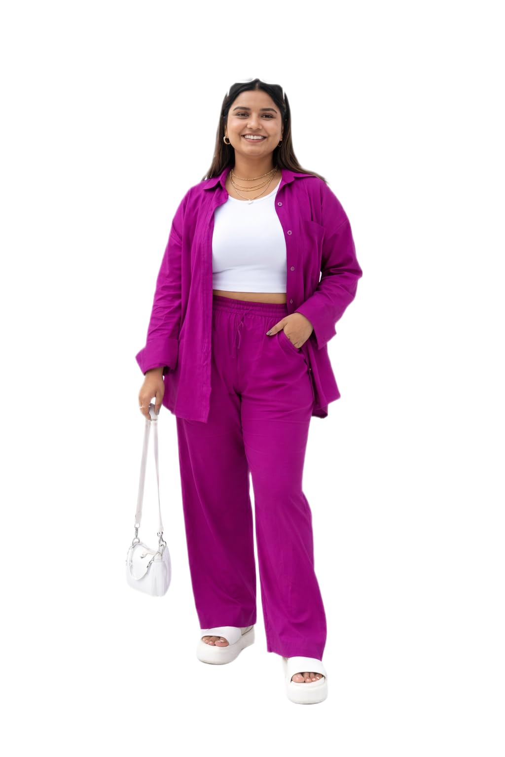 Wine Full Coordinated Set Womens Cotton Shirt Pant Outfit Loose Fit Comfortable Stylish-image-44