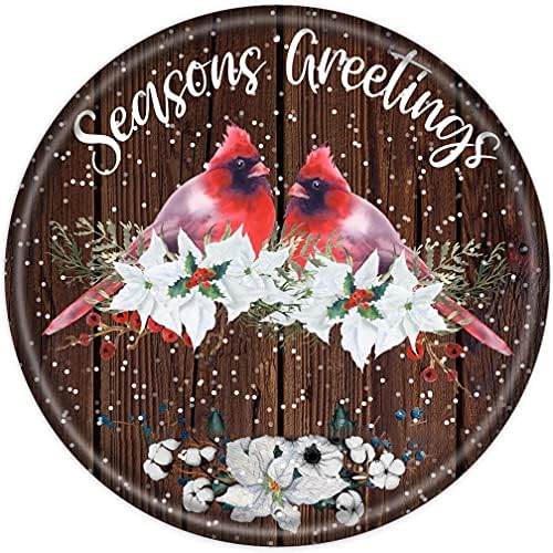 Round Metal Tin Sign Rustic Wall Decor Cardinal Seasons Greetings Door Hanging,Holiday Wreath Sign Wall Decoration Bar Home Round 12X12 Inches