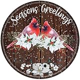 Round Metal Tin Sign Rustic Wall Decor Cardinal Seasons Greetings Door Hanging,Holiday Wreath Sign W