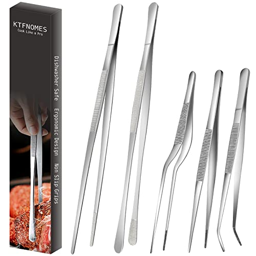 5 Pcs Cooking Tweezers Tongs, Stainless Steel Kitchen Food Tweezers Set, Professional Kitchen Long Tweezer for Cooking,Repairing,Sea food,BBQ,Multi-use(12and 6.3)