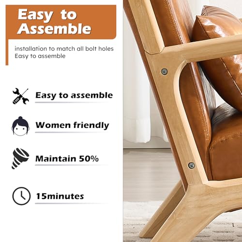 Image of INZOY Mid Century Modern Accent Chair with Wood Frame, Upholstered Living Room Chairs with Waist Cushion, Reading Armchair for Bedroom Sunroom, Light Brown