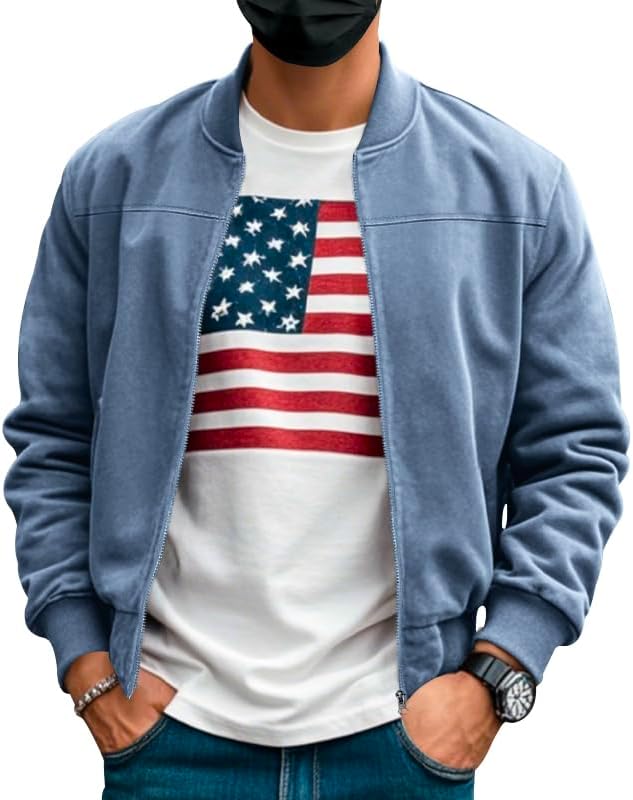 Men's Classic Bomber Jacket with US Flag T-Shirt Lightweight Cotton Blend Zip Up Casual Outerwear