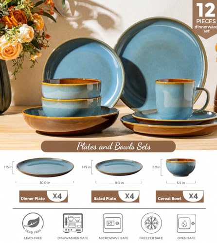 Image of LERATIO Stoneware Dinnerware Sets for 4, 12 Pieces Ceramic Plates and Bowls Sets, Scratch Resistant Dish Set, Oven, Microwave & Dishwasher Safe-Ocean Blue