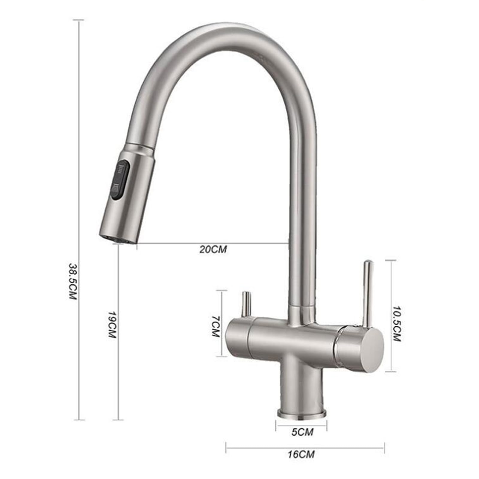 Grifo Cocina 3 Vias Osmosis Extraible Doble Manija Giratorio Latón Grifo 3 Vias Extensible-Cepillado
