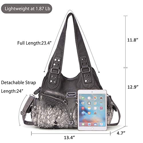 Angel Barcelo Roomy Fashion Hobo Womens Handbags Ladies Purse Satchel Shoulder Bags Tote Washed Leather Bag Grey - Thumbnail 2