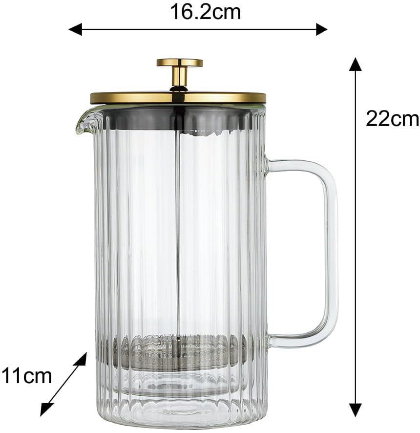 Klausberg Theemaker koffiemaker French Press 1000 ml/9 kopjes, koffiepers roestvrij stalen filter, dubbelwandige geïsoleerde koffiepot, theepot, theepot, deksel in goud (KB-7761