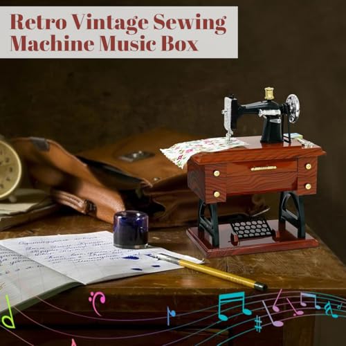 Image of PATPAT Vintage Mini Sewing Machine Retro Style Music Box Showpiece Wind-Up Music Box Ornament Creative Desk Decor Toy Vintage Gift for Kid Children