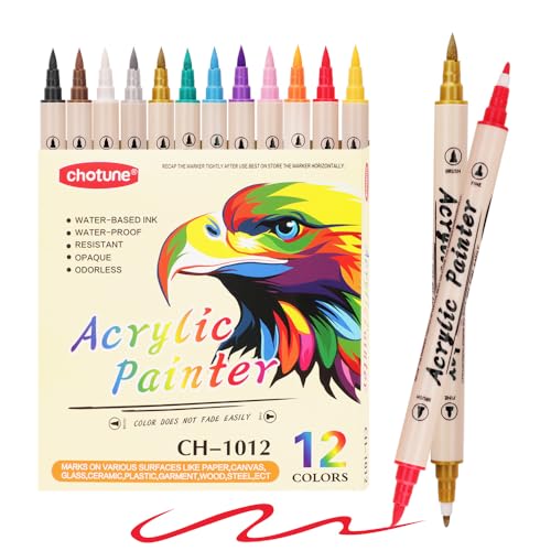 CHOTUNE 12PCS Bolígrafos Acrílicos al Agua con Doble Punta (Punta Fina y Punta Pincel) Bolígrafos de Pintura Acrílica Varias Superficies para Plástico Vidrio Madera Cerámica Metal Neumáticos