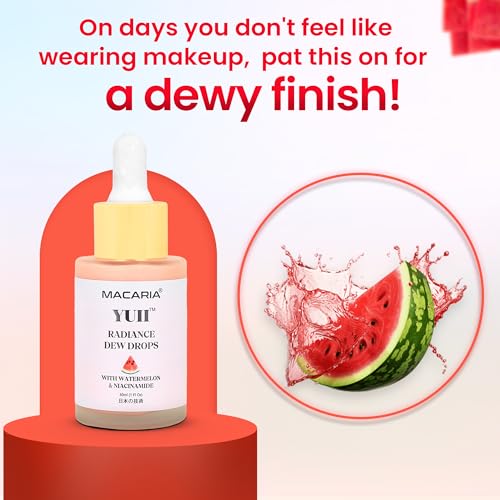 MACARIA YUII Dew Drops Glow Drops, Face Serum Liquid Highlighter Makeup, Illuminates and Prepares Skin, Dewy Finish (Japanese Recipe)