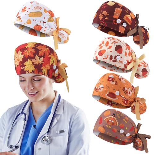 HooLing 6 Pcs Scrub Caps Nurse Hat with Button Women,Fall Thanksgiving