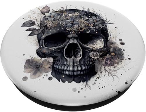 Miniatura 2 de Gráfico de calavera floral para mujer, cumpleaños, único, negro, calavera, PopSockets, PopGrip estándar