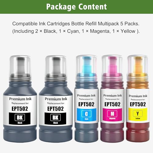 GREENPRINT EPT502 Ink Cartridges Bottle Refill Multipack Replacement for ET-15000 ET-2760 ET-2850 ET-2980 ET-3710 ET-3750 ET-3760 ET-3830 ET-3843 ET-3850 ET-4750 ET-4760 ET-4850 Printer (2BK CMY)