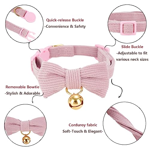 Petiry Quick Release Cat Collar,Corduroy Breakaway Pink Kitten Collar With Removeable BowTie and Gold Bell,Pack of 2,Blue Pink - Image 2