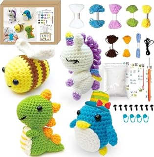 SJAOUT Crochet Kit for Beginners, 4Pcs Animal Crochet Kit for Adults Include Videos Tutorials, Yarn, Eyes, Stuffing, Crochet Hook, Instructions, Kids Boys Girls Birthday Gifts
