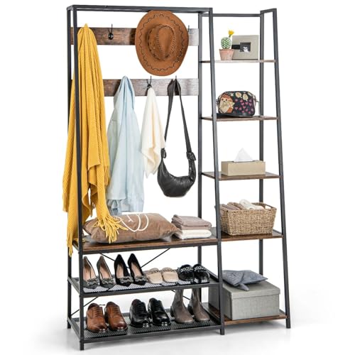 Costway 5-in-1 Entryway Coat Rack Shoe Bench, Freestanding Wooden Hall Tree Storage Bench w/ 9 Hooks, 5 Side Shelves & 2 Mesh Shelves, Industrial Coat and Shoe Rack Organizer for Entryway, Hallway