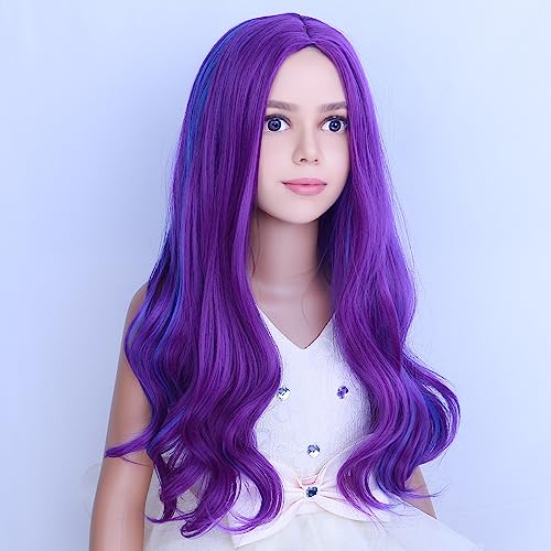 Image of PATTNIUM Blue Purple Wig Kids Wig Long Wavy Wig Child Size Heat Resistant Synthetic Hair Wigs Girls Cosplay Costume Wigs (Blue Purple)