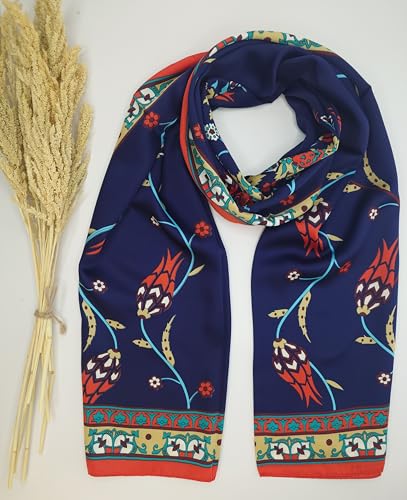 MutluHan Turkish Scarf - 100% Silk Tulip Design | Navy Blue | Luxurious and Comfortable Women’s Scarf, Perfect for Gifts and Special Occasions, Suitable for Daily, Evening and Office Wear2