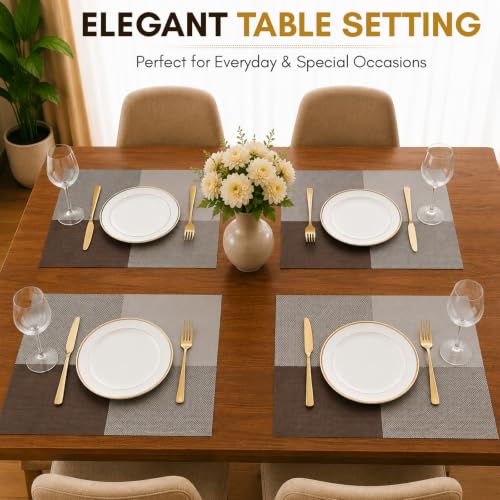 Image of Solitude Set of 6 Dining Table Placemats | Non-Slip PVC Table Mats, Heat Resistant, Washable, Stain-Resistant Surface (Beige & Coffee, 45 x 30 cm)