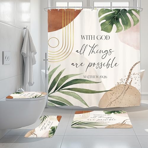 Glawry 4Pcs Bible Verse Shower Curtain Sets 72Wx72L, Non-Slip Rugs, Toilet Lid Cover and U-Shaped Mat, Abstract Christian Bathroom Sets with Rugs Shower Accessories with 12 Hooks for Bathroom Decor