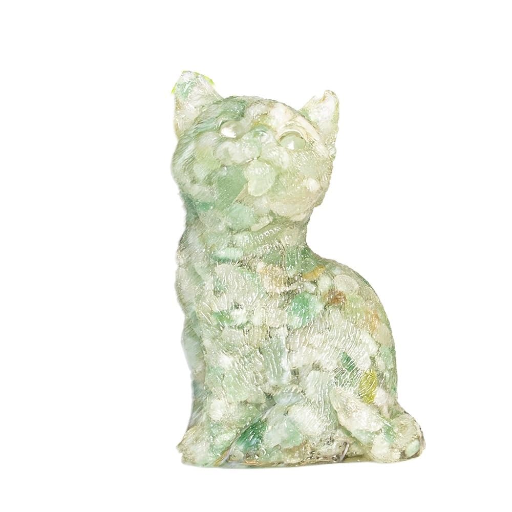 HUFFA Natural Crystal Sitting Cat Figurine - Resin-Filled Desk Decoration with Raised Head(Greenaventurine)