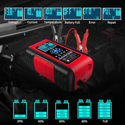 E-FAST Battery Charger, 10A Lifepo4 Lead Acid Car Battery Charger, Upgraded Automobile Trickle Charger 12/24V, All in 1 Battery Maintainer, for Truck Motorcycle AGM Lawn Mower Boat Marine Batteries