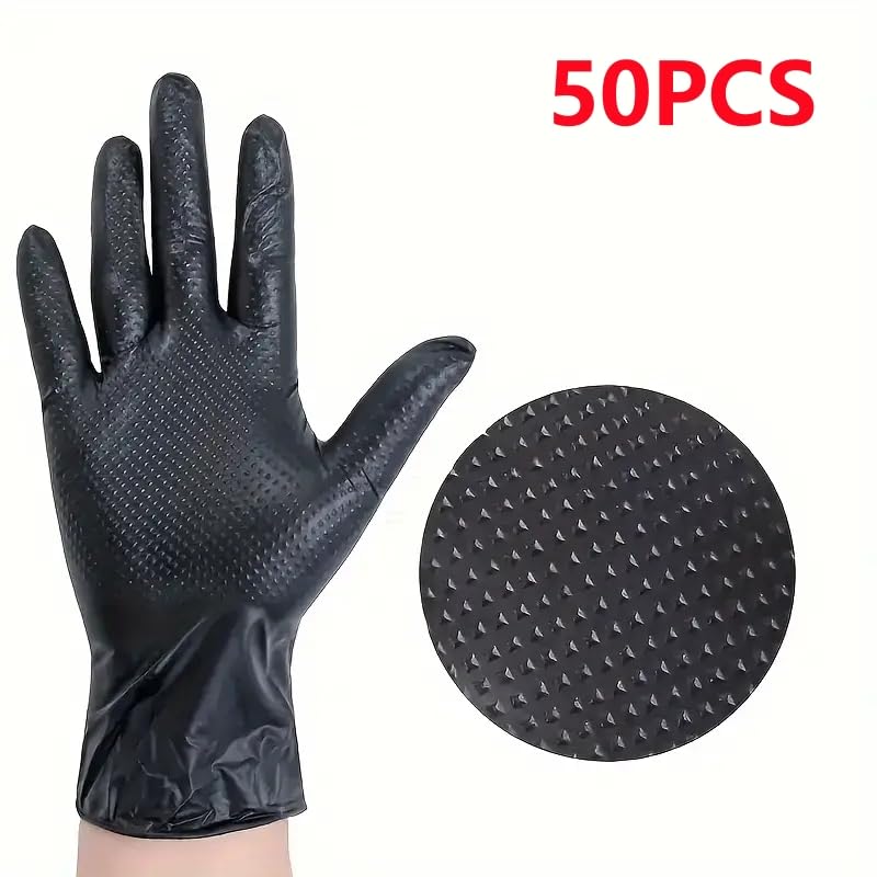Guantes desechables de nitrilo resistentes, negros, 8 milésimas pulgada grosor, con textura diamante en relieve for jardinería, trabajo industrial, 10/30/50 unidades(Diamond Black 50PCS,XL)
