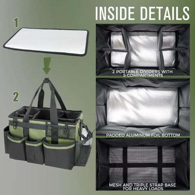 Wearable Cleaning Caddy Organizer with Handle & Shoulder Straps for Housekeepers, Under Sink & Car Cleaning Tool Organizer Bag with 4 Foldable Dividers (Green)
