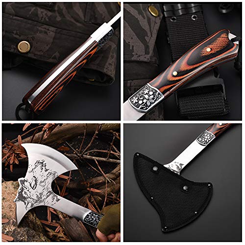 image for LIANTRAL Camping Hatchet Axe Etched Wolf Head Stainless Steel with Woo