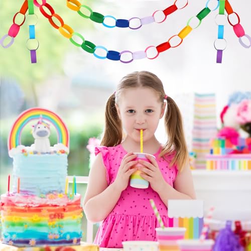 Decoración de fiesta sin pegamento usando cadenas de papel arcoíris con cintas adhesivas 4