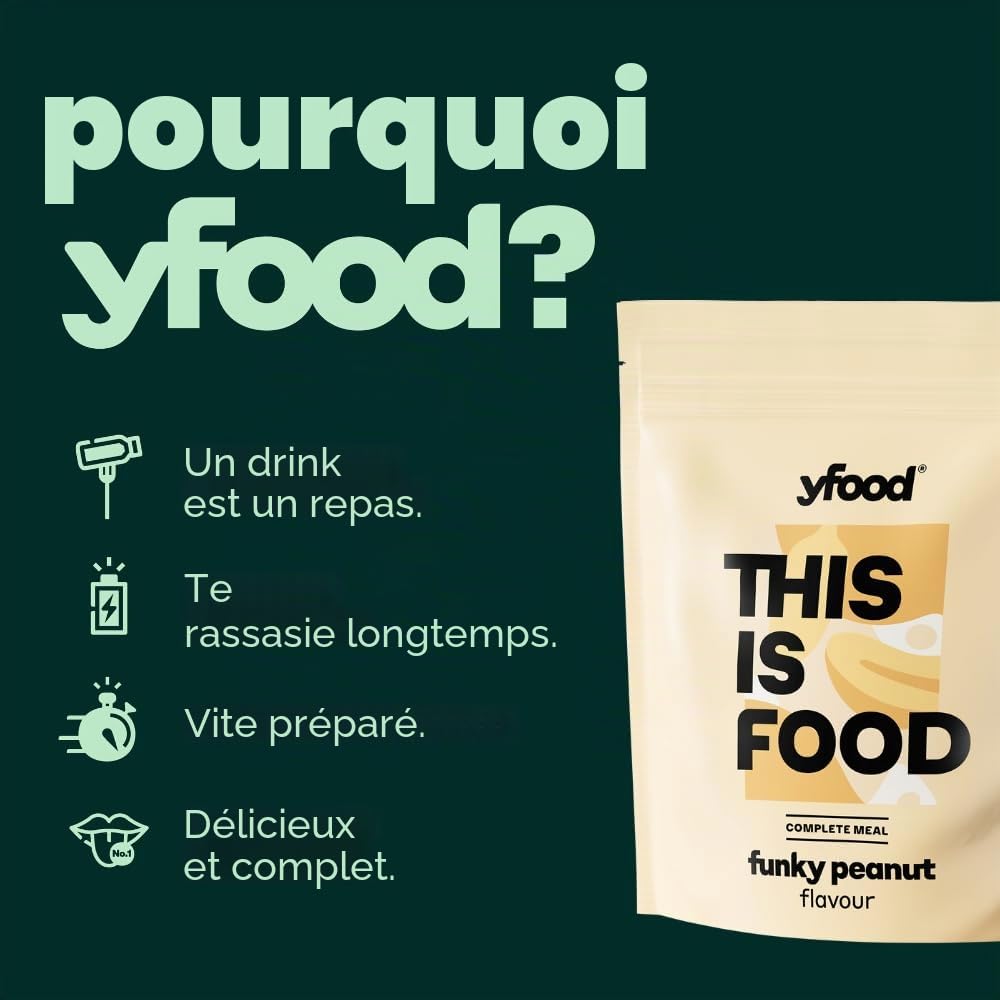 yfood Repas à boire, au motif de cacahuète, 12 repas de 400 kcal en poudre, 25 g de protéines, 26 vitamines et minéraux, complet et parfait pour les jours stressants, goût cacahuète