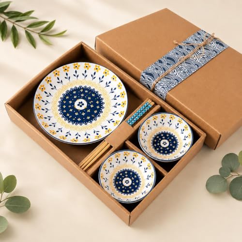 Image of Ceramic Dinnerware Set, Japanese Asian Cuisine Bowls and Plates for Dinner, Rice, Soup, Dessert, Salad, Gift Box Packed Dinner Set (Blue & Orange, Pack of 5)